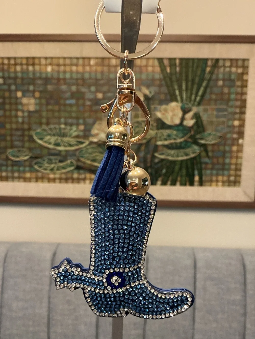 Blue Puffy Crystal Cowboy Boot Keychain with Tassel